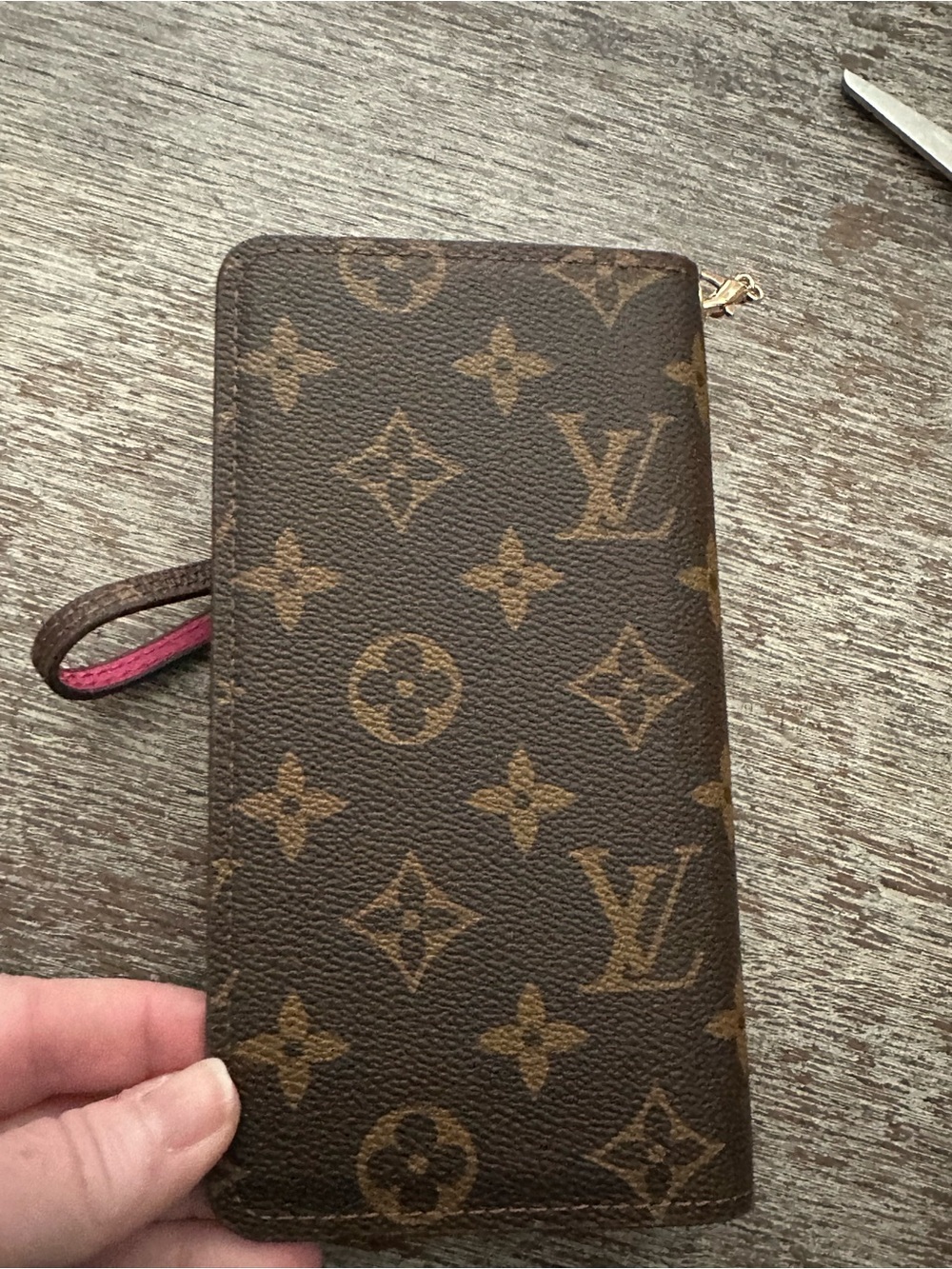 Monogram Wristlet Clutch/Phone Case in Brown with Pink Trim - Picture 10 of 16